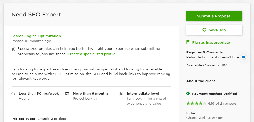 An example of a job posting on Upwork
