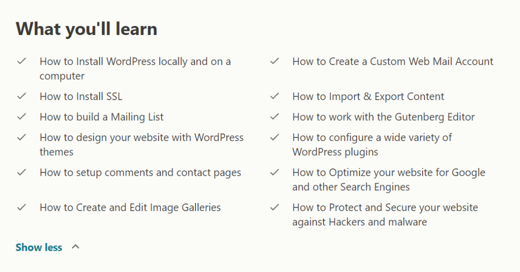 What you'll learn from the course "WordPress for Beginners: The Complete 2020 WordPress Guide"
