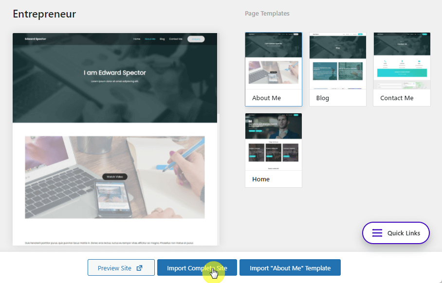Import the complete starter site by clickings its button