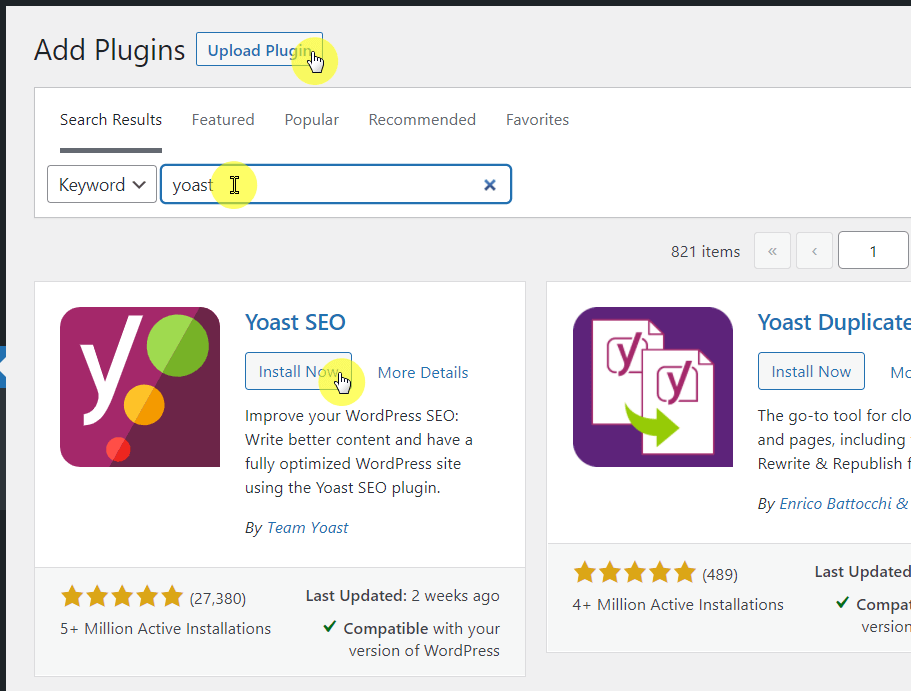 Upload the plugin file or search for the plugin inside the dashboard