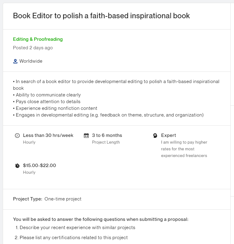 A job post on Upwork looking for a book editor