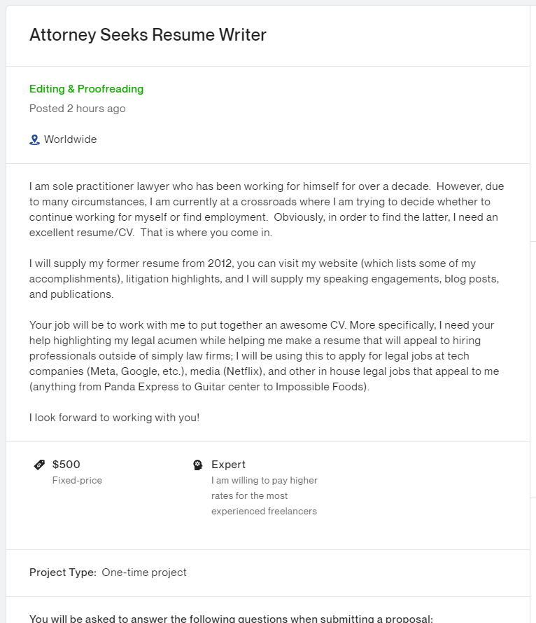 A job post on Upwork looking for a resume writer