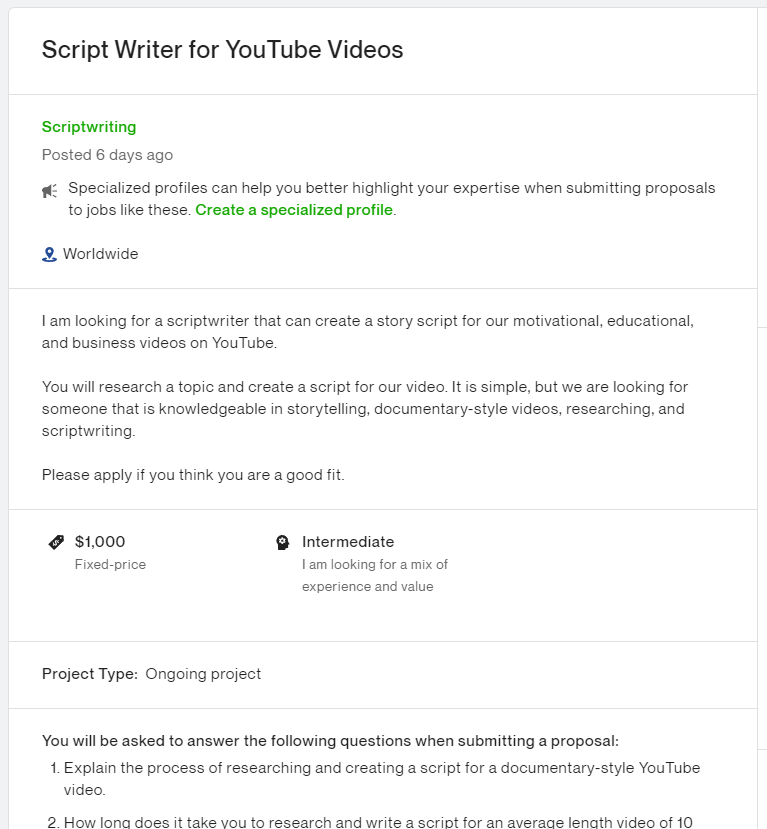 A job post on Upwork looking for a script writer for YouTube videos