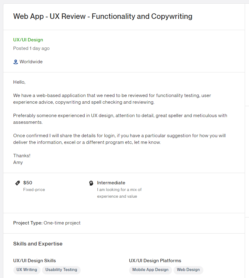 A job post on Upwork looking for a UX writer