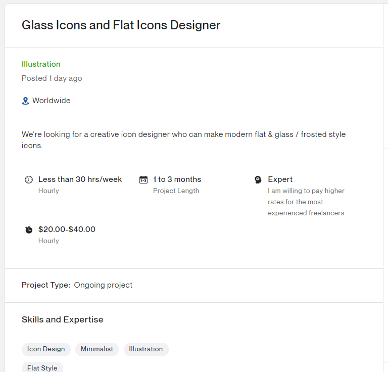 A job post on Upwork looking for an icon designer