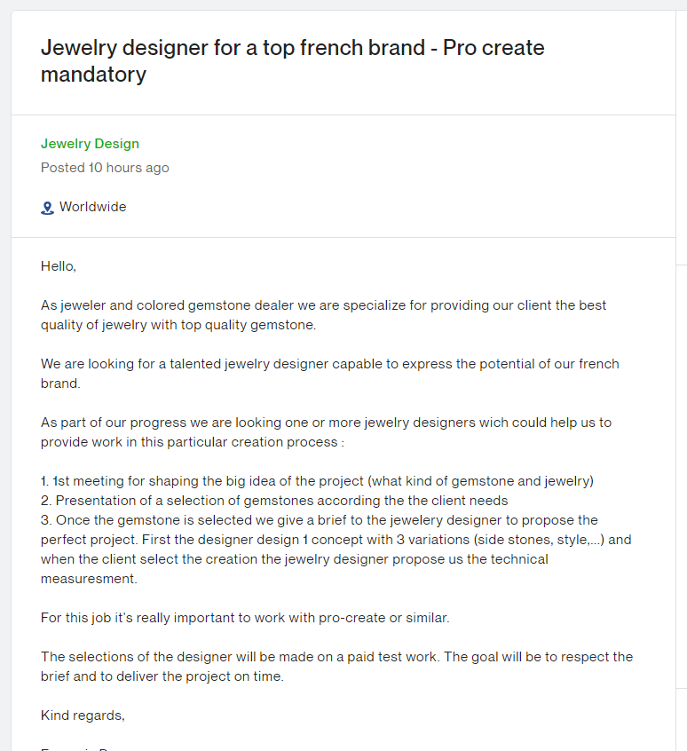 A job post on Upwork looking for a jewel designer
