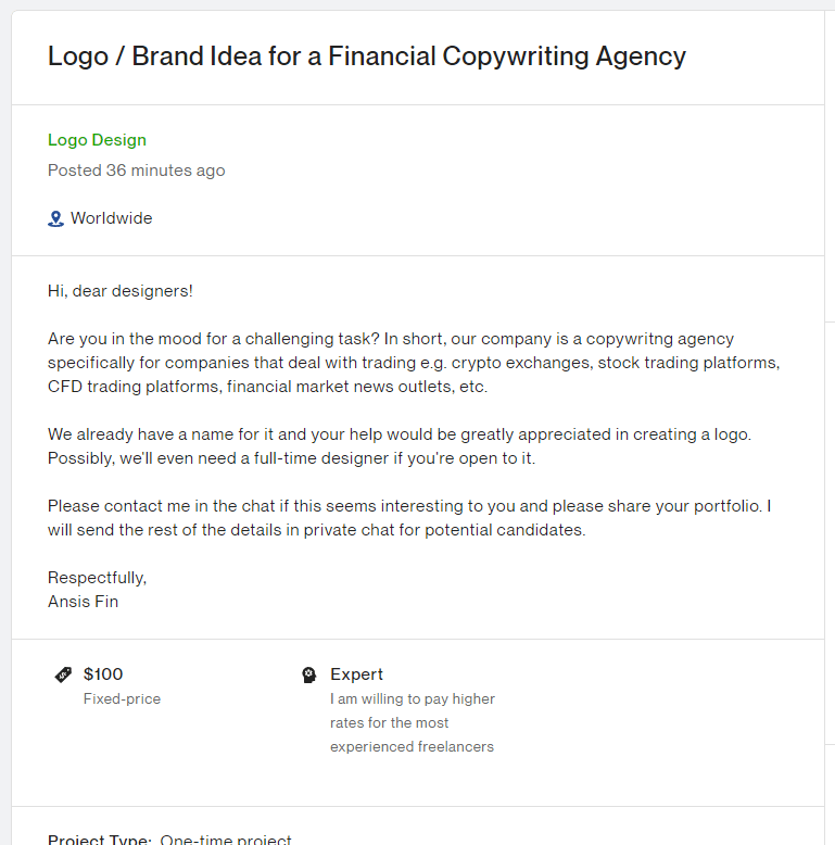 A job post on Upwork looking for someone to provide logo/brand idea