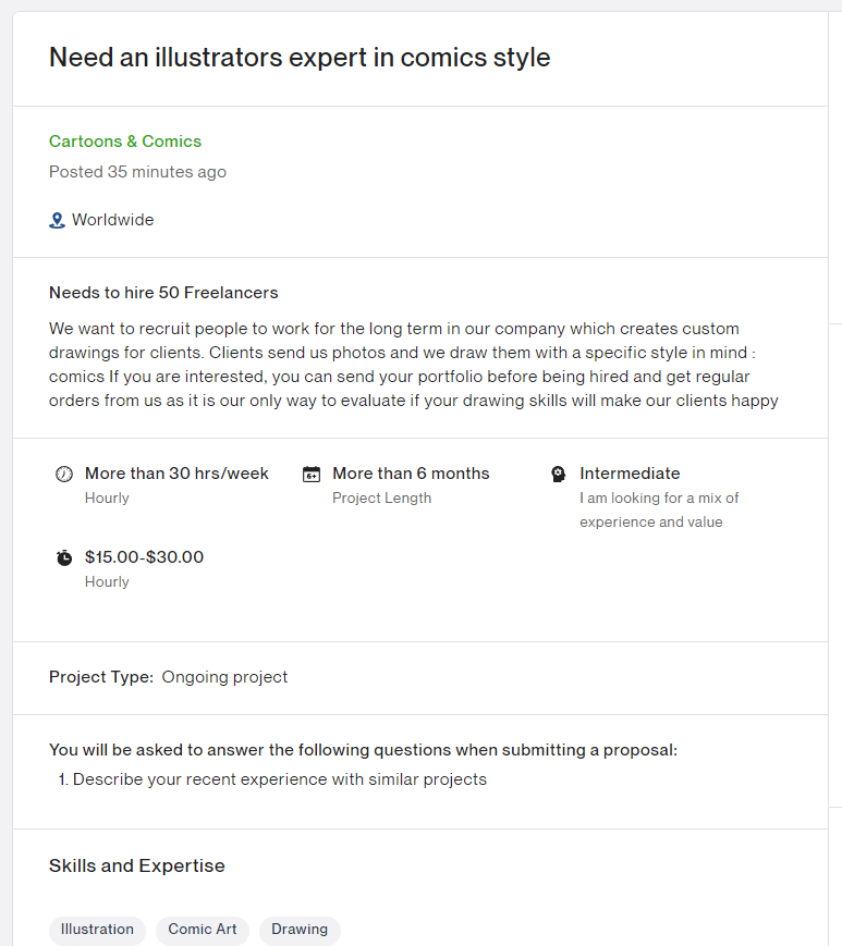 A job post on Upwork looking for someone to create a comic-style illustration