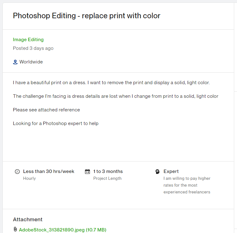 A job post on Upwork looking for a Photoshop editor