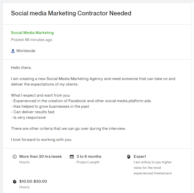 A job post on Upwork looking for a social media marketer